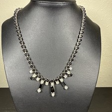 Vintage Black Bead And Clear Rhinestone Necklace Choker Bib