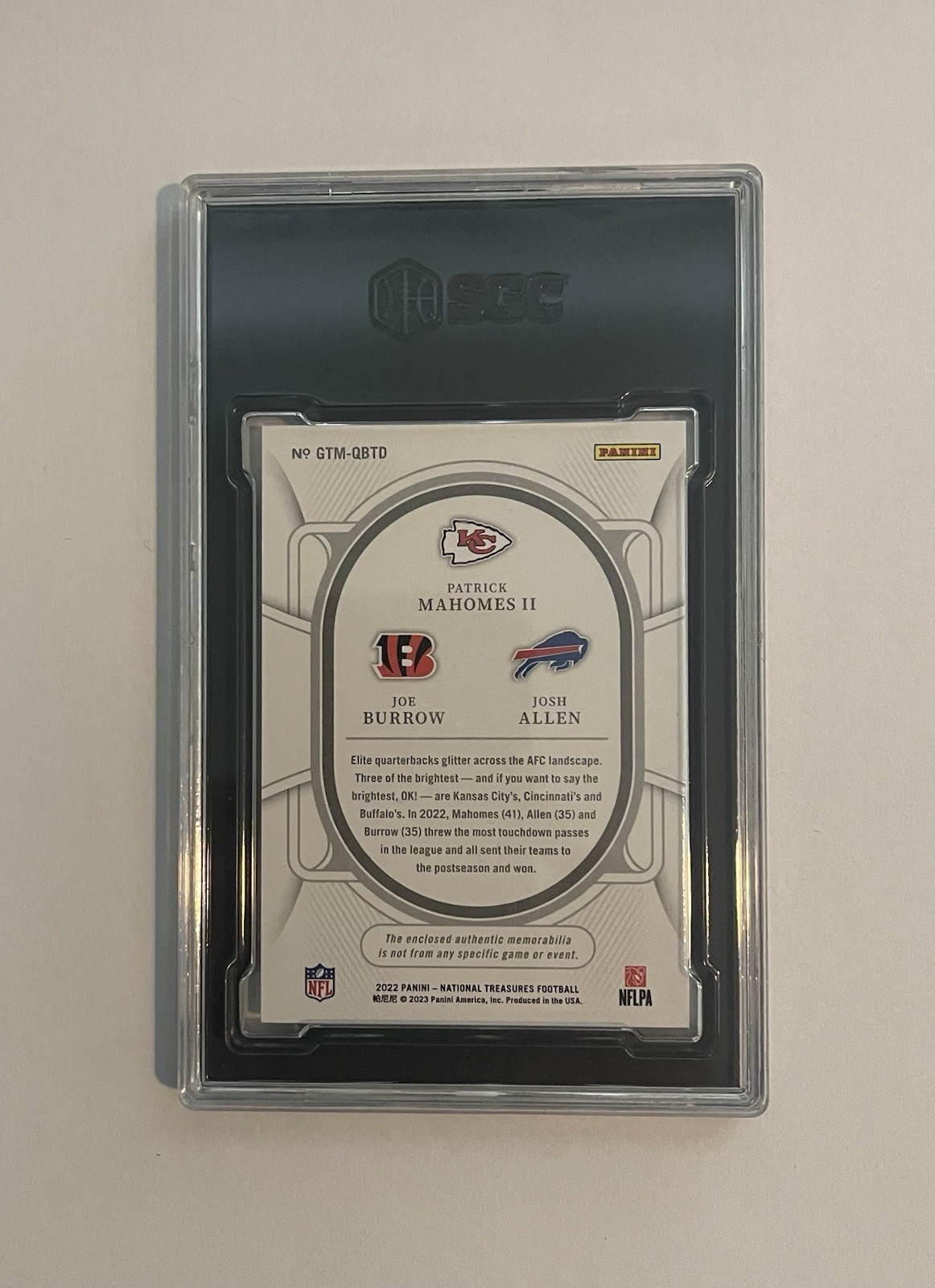 Panini 2022 National Treasures Triple Patch Mahomes Burrow Allen /99 SGC 9.5 view 2