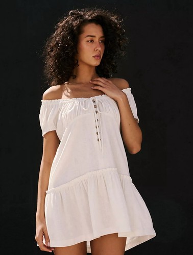 Free People Perri Linen Drop Waist Mini Short Dress Ivory Pockets XS