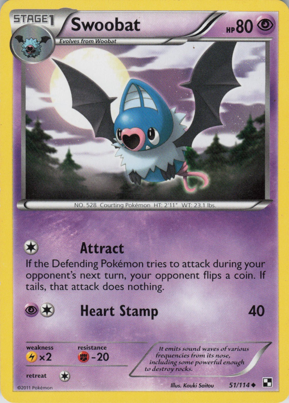 Swoobat 51/114 Uncommon Black & White Pokemon Near Mint