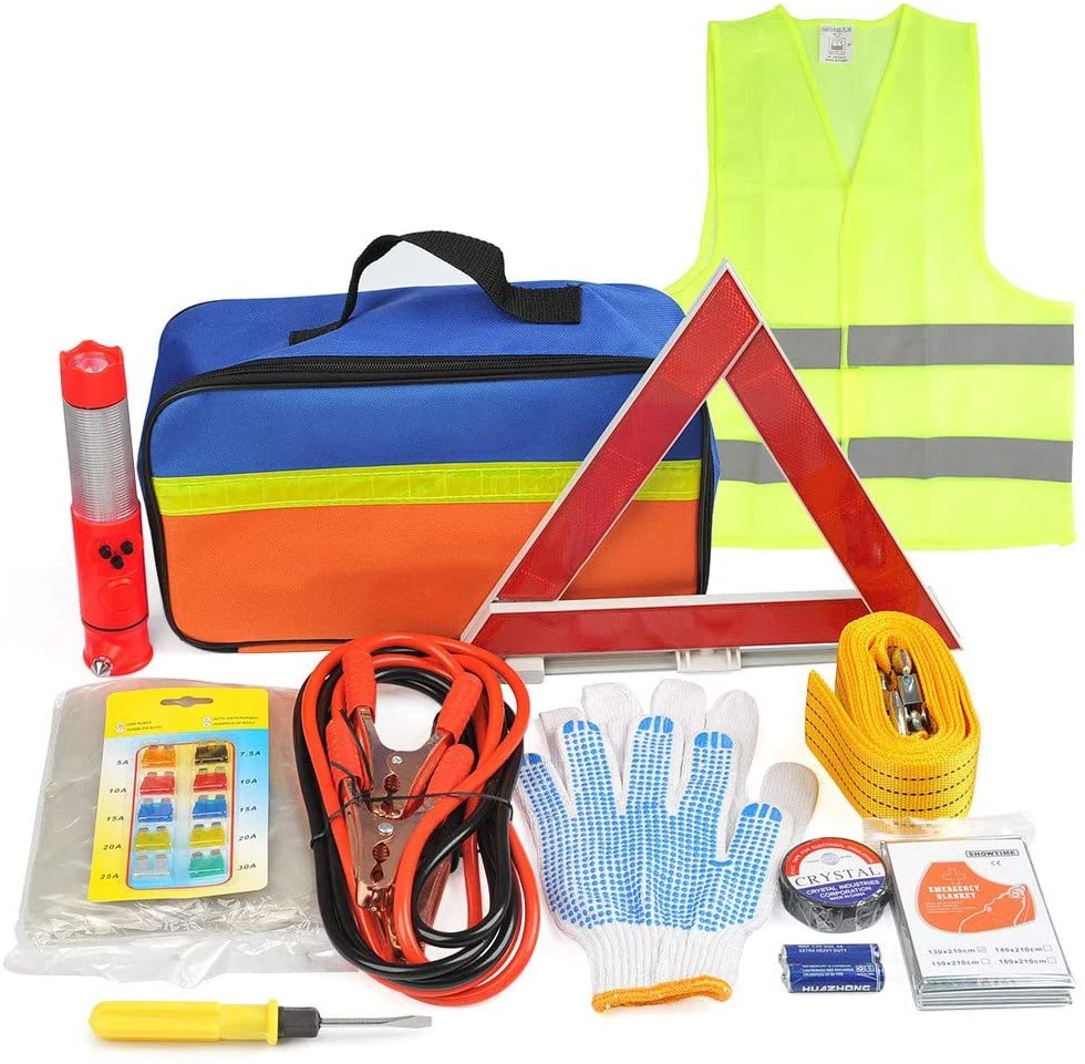 12-in-1 Car Emergency Breakdown Kit Jump Leads Triangle Vest Hammer Raincoat