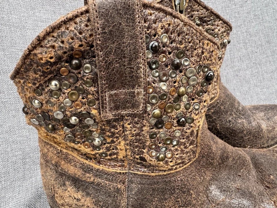 Frye Deborah Botas Cortas Mujer 8M Marrón Occidental Cremallera Tachonado Envejecido España Foto 2 de 4