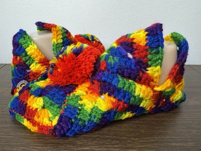 Handmade Crochet Slippers Rainbow Size M Fits Womens (6-8) Yarn Booties Pom Poms