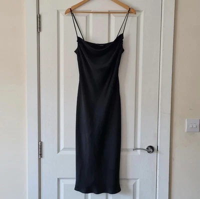 Zara Dark Dress Small Black Silky Satin Slip Cowl Neck Urban Outfitters - Image 1 of 4