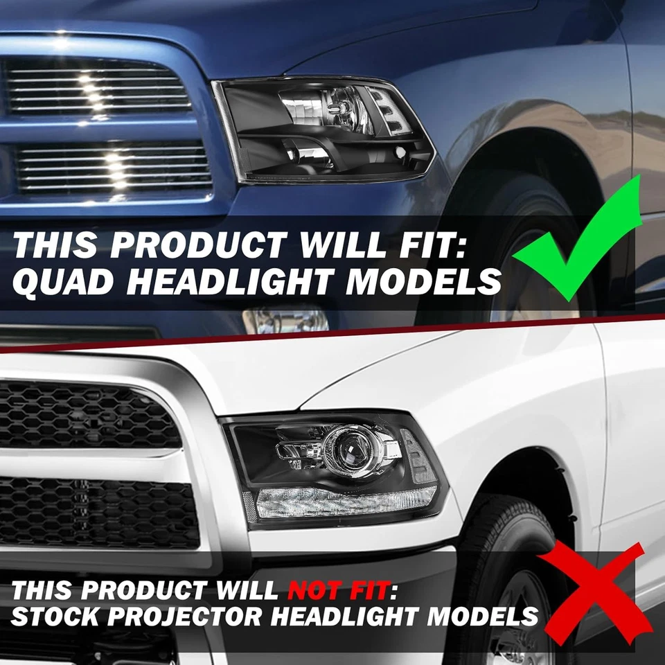 PAIR/2PCS Black Clear Headlights Assembly For Dodge Ram 1500 2500 3500 2009-2018 Foto 4 de 4