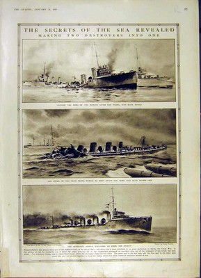 Original alter Vintage Druck Seetorpedo U-Boot Zerstörer Schiffe deutsch 1919