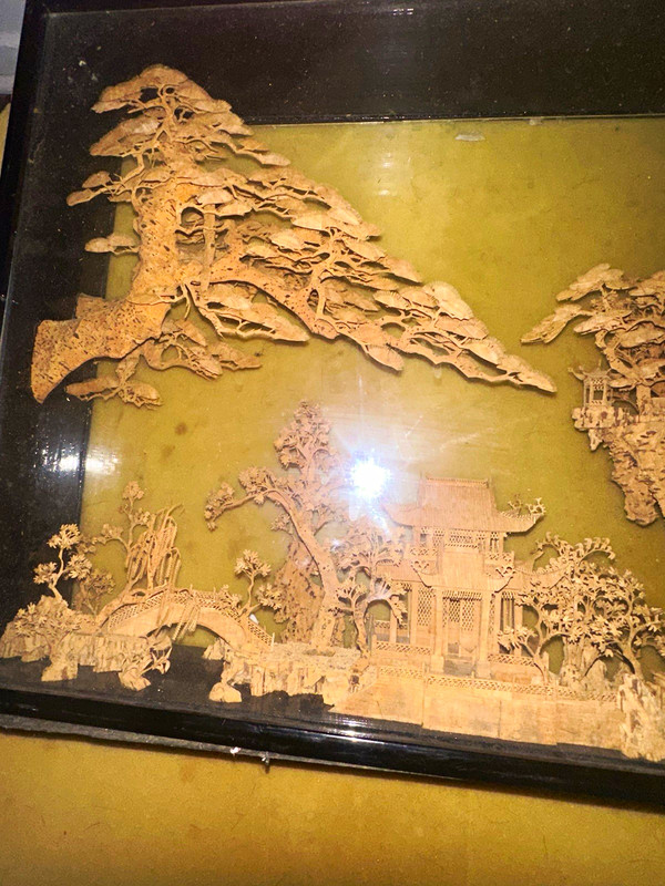 Framed 3D Carved Wood Relief Landscape Wall Art Under Glass Shadow Box