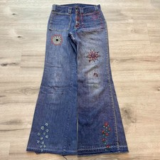 Vintage 60s 70s Flared Hippie Bell Bottom Jeans Embroidered Denim Talon Zipper
