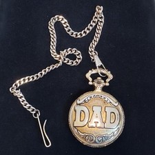 Details Quartz Vintage Pocket Watch "DAD" in 3-D Case Gold/Silver Tone 14" Chain
