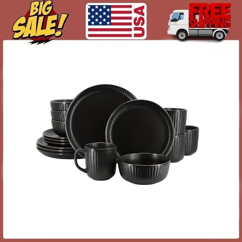 Elama Leo 16 Piece Stoneware Dinnerware Set In Black