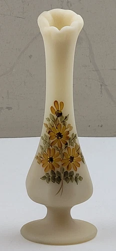 Vintage Signed Fenton Hand Painted Flowers Custard Glass Ruffled 7-inch Bud Vase