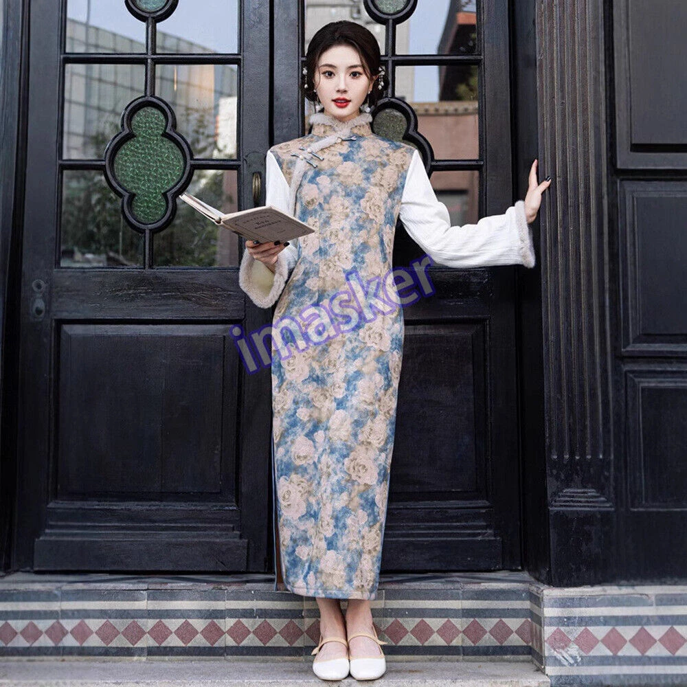 OFF WHITE Abito donna invernale stile cinese Qipao stand colletto medio lungo spacco laterale Cheongsam