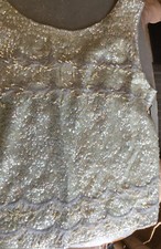 Vintage Sequined Beaded Formal Top Fringe Cropped Flapper 1960s Light Blue