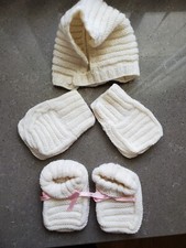 VTG 3 Piece Set Knit Baby Infant Hat Booties Pink Ribbon Mittens Ivory MINT