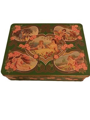 Vintage Seasons-Themed Green Tin Box Made In England With Gold Interior