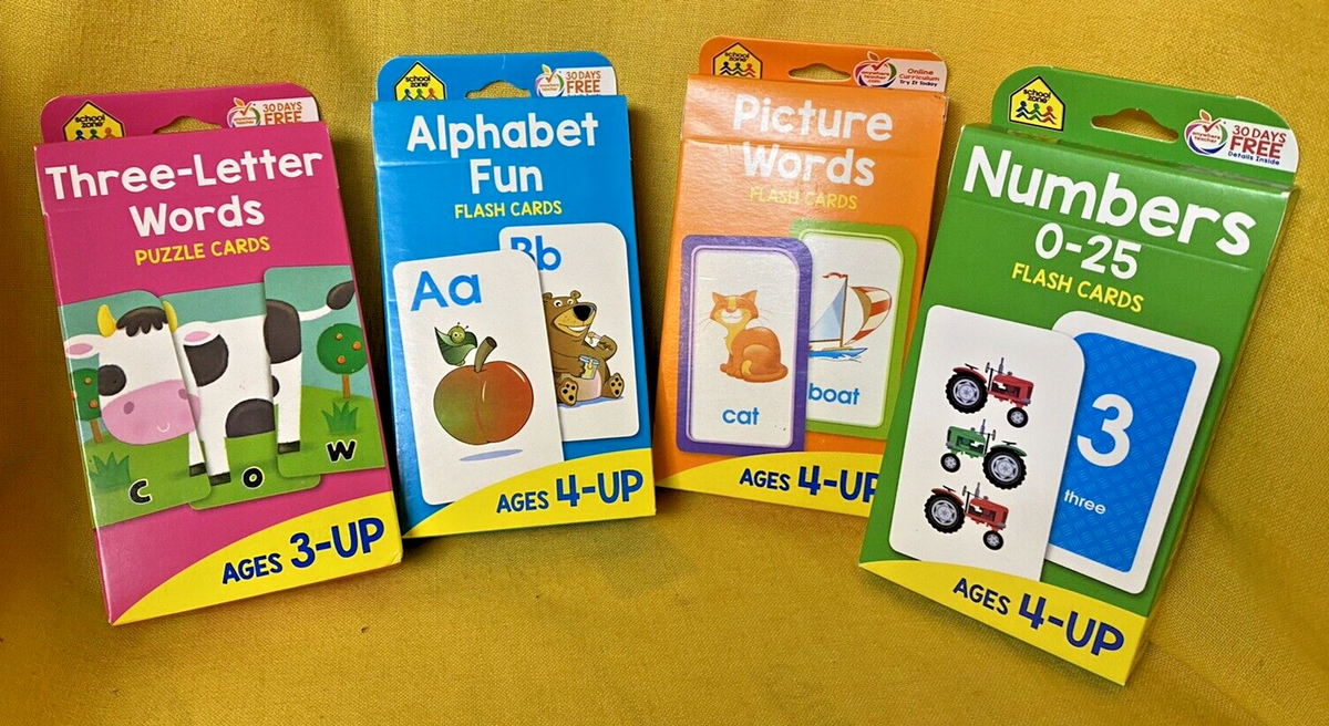 4 pack ] School Zone Fun Flash Cards Set Alphabet Numbers Picture