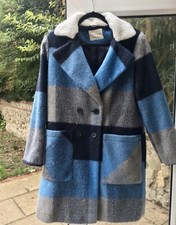 Borg Style Collar Blue & Grey Check Print Front Pockets Coat Size 8