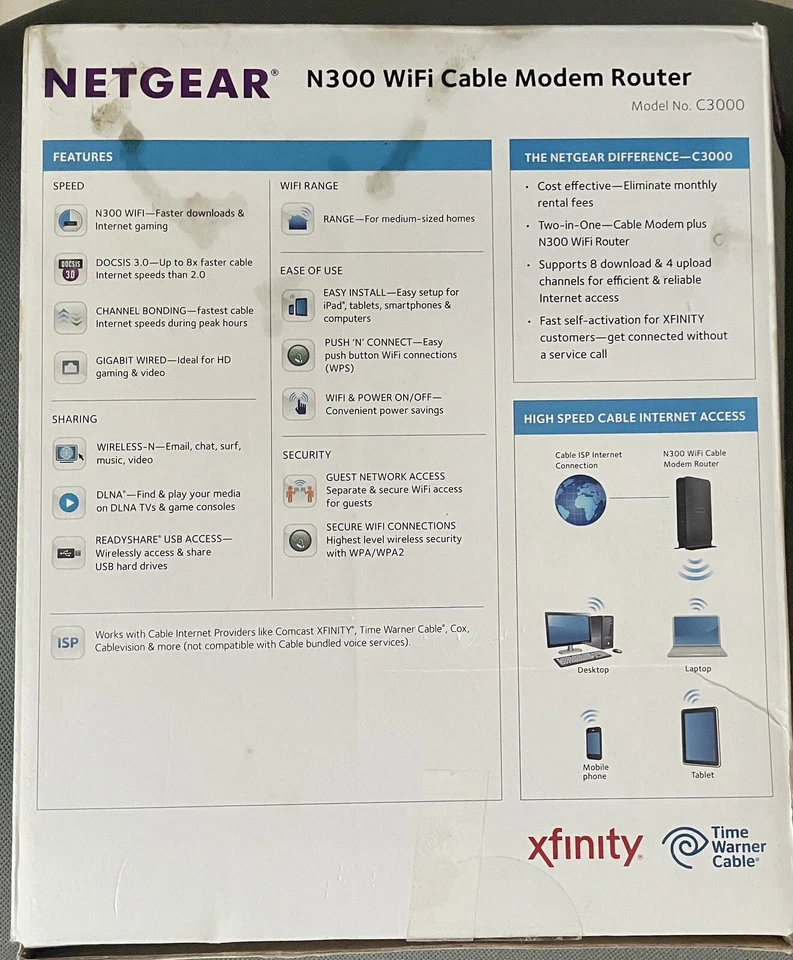 NETGEAR N300 Wifi Router 2 in 1 Cable Modem Router - Image 3 of 4