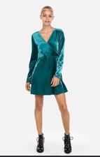 Express Emerald Green Ribbed Velvet  Faux Wrap Bell Sleeve Cocktail Dress
