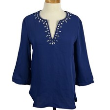 Adrienne Vittadini Women's Blue Jeweled V-Neck Long Sleeve Blouse Size Medium