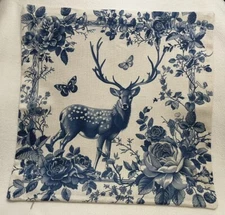 Chinoiserie Blue Ivory Deer Floral Botanical Linen Throw Pillow Cover Home Decor