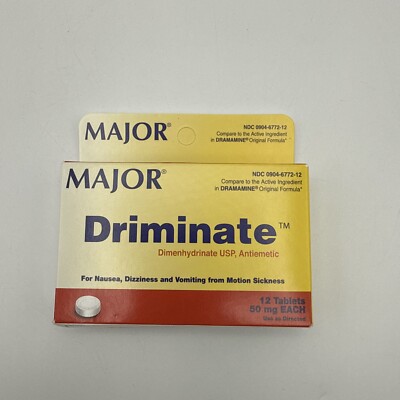 Major Driminate Motion Sickness & Anti-Nausea Tablets 50 mg 12 Count Exp 01/26