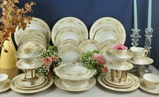 Japanese made - 37 Pcs Dinnerware, Gold Trim, Brown Scrolls w/ Blue/Pink Floral