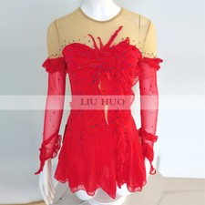 Women Girl Costume Competition Leotard Ice Figure Skating Dress Red Roller
