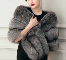 Women's New Silver Fox Fur Collar Stole Wrap Cape