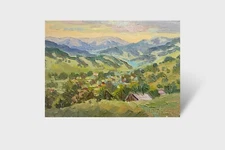 Oil painting Carpathian village Ukrainian painter Canvas original landscape