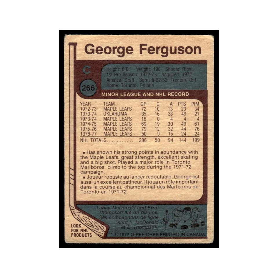 George Ferguson 1977 O-Pee-Chee #266 Toronto Maple Leafs Hockey Card EX - Image 2 of 3