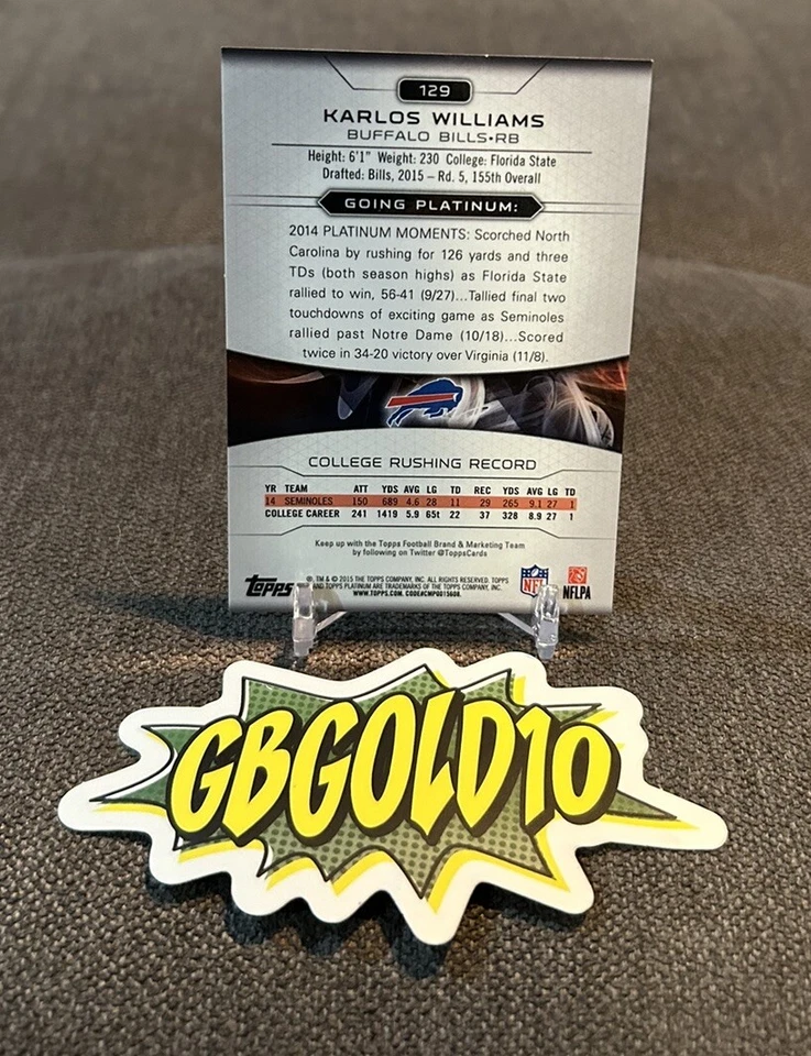 2015 Topps Platinum Rookies Red Refractor /25 Karlos Williams #129 Rookie RC - Image 2 of 3