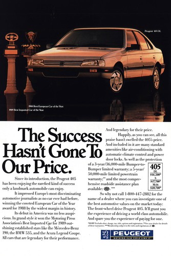 1989 Peugeot: Success Hasn't Gone To Our Price Vintage Print Ad