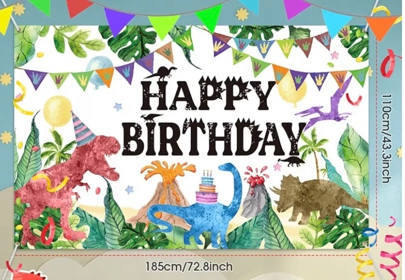 Banner DINOSSAURO FELIZ ANIVERSÁRIO 72,8" L x 43,3" A - Tecido de poliéster - Imagem 2 de 3