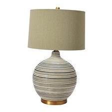Textured Black  White Striped Ceramic Table Lamp with Grey Linen Shade