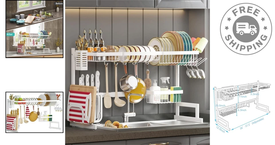 Настраиваемая сушилка для посуды над раковиной — нержавеющая сталь, устойчивая к ржавчине, 2-уровневая стойка - Изображение 2 из 4