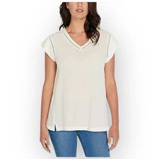 NWT Buffalo David Bitton Ladder Stitch V-Neck Blouse  Size Small  White 0529S