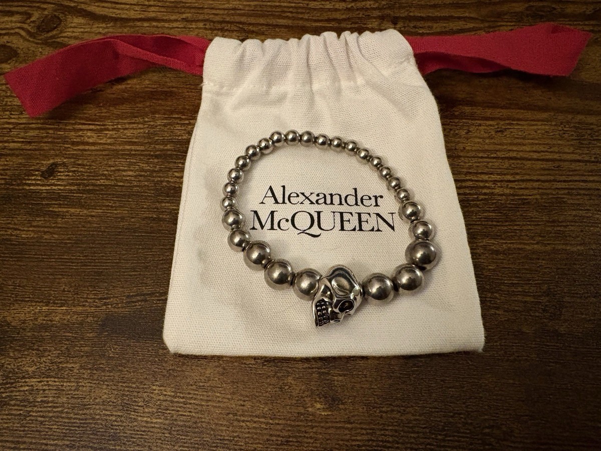 Alexander McQueen Silver Beaded Skull Bracelet for Men, Metal
