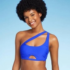 Vibrant Blue One-Shoulder- Bralette Bikini Top With Cut Out Size M