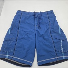 Y2K Speedo Men Blue Teal Swim Trunks Surf Board Surfer Beach Shorts M Spell Out