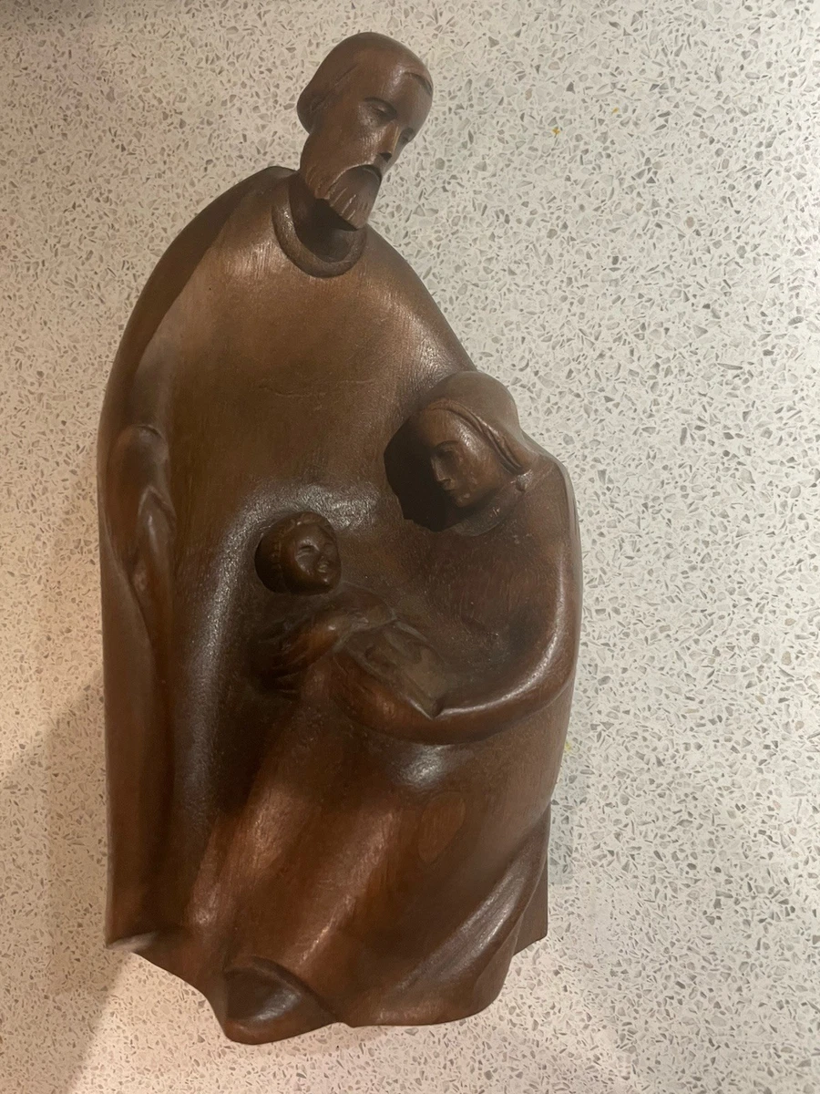 Moderne Heilige Familie Blockkrippe 26cm – Edle Holzschnitzerei, Schön erhalten