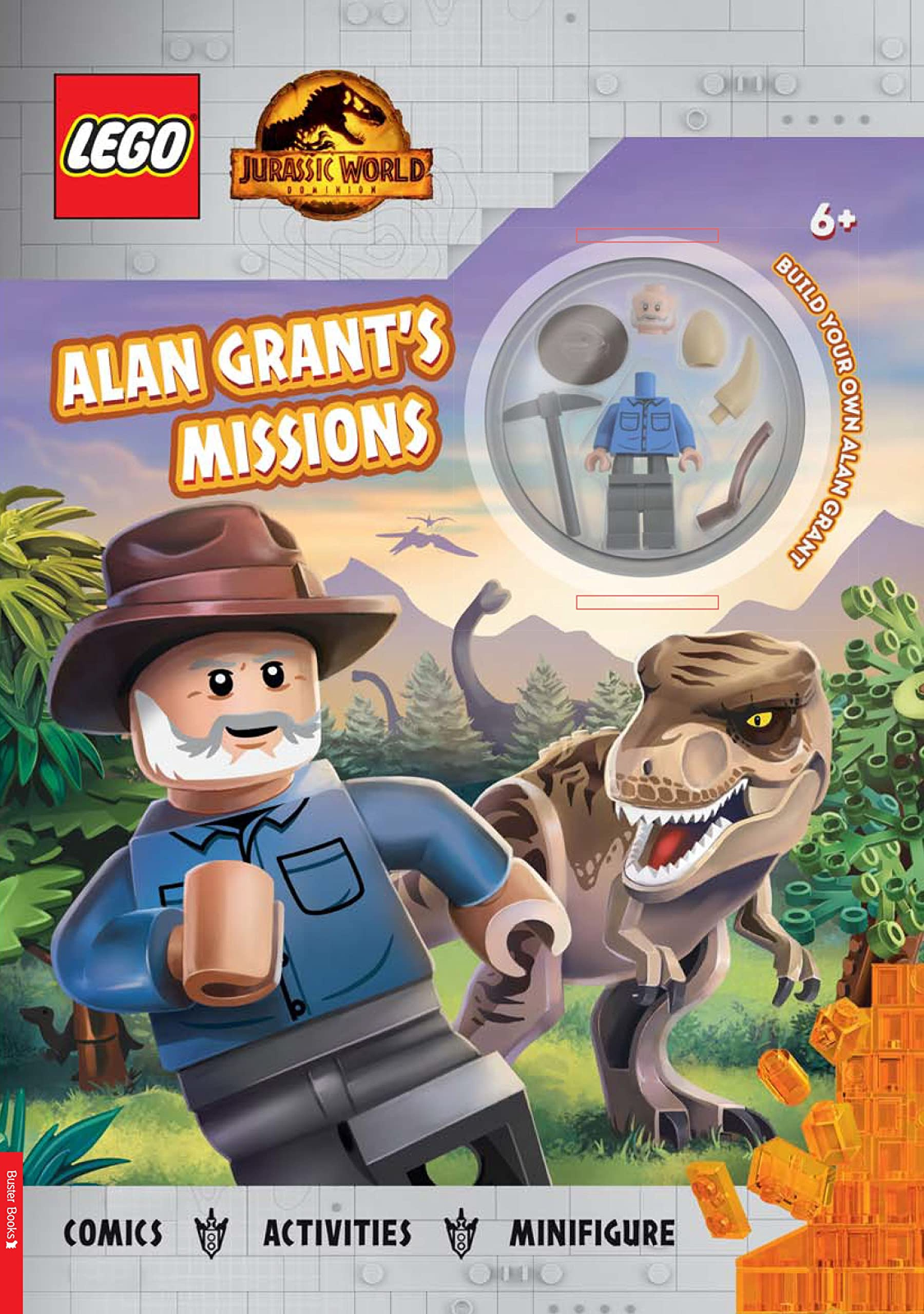 NEW  x LEGO Jurassic  ALAN GRANTS MISSION book & Acu Guard FIGURE