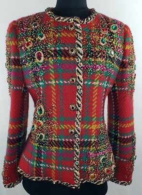 ジャケット・アウター 90s Oscar de la Renta shawl collar JKT Vtg 90s Oscar De La Renta Womens Sz Large 100% Silk Full Zip
