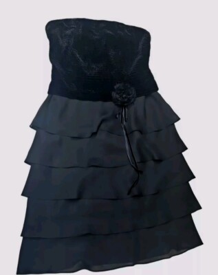 Donna Morgan Silk chiffon Dress Sz 6 Black Strapless Layered Formal Evening 