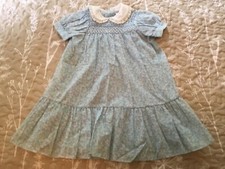 Vintage Polly Flinders Blue Floral Embroidered Smocked Short Sleeve Dress Sz 5