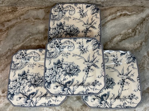 Adelaide Blue Square Salad Plates 8.5 in Flower And Bird Design Set Of 4 New - Picture 5 of 17