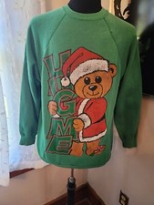 Rare VTG 80s 90s Tultex Santa Teddy Bear Hug Me Green Christmas Sweatshirt XL