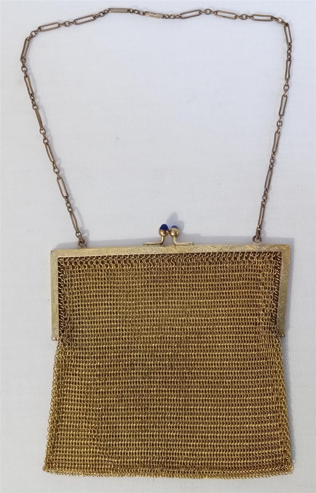 Vintage Gold Tone Soldered Mesh Bag Handbag Purse Blue Jeweled Closure