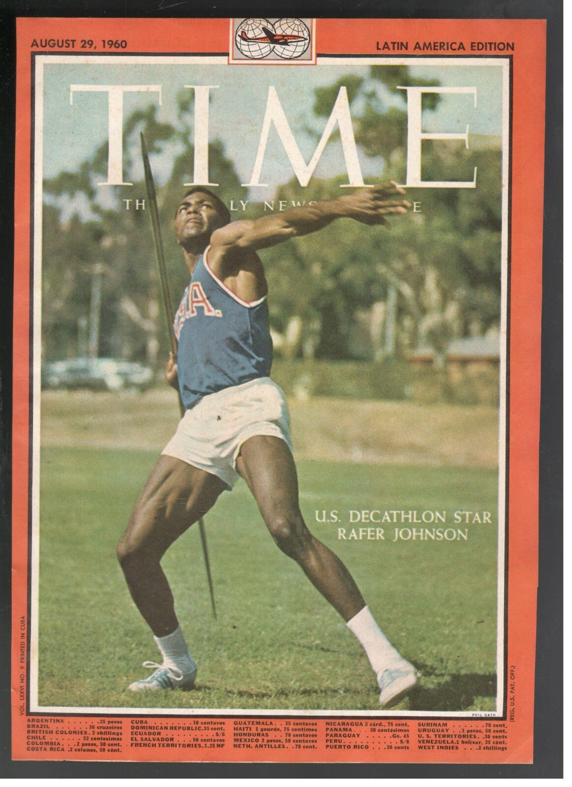 Time Rafer Johnson U.S. Decathlon Star 1960 Solo Cubierta 1 Página Original