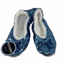 Snoozies Sequin Snooz Slippers Non Skid Ballet Bling Blue Kids Large Size 4/5